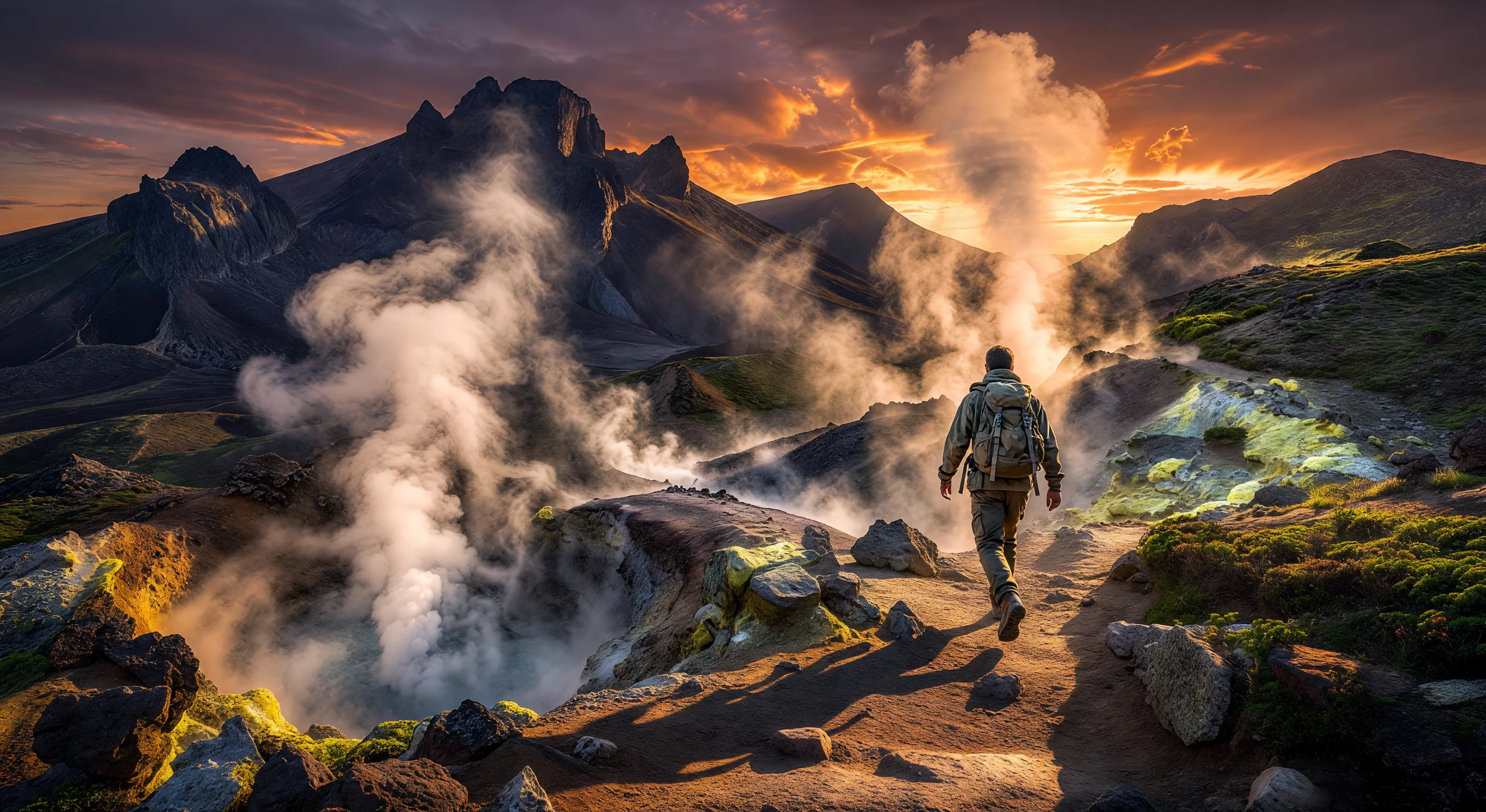 Hiker ascending a volcanic trail in Kyushu with dramatic crater views