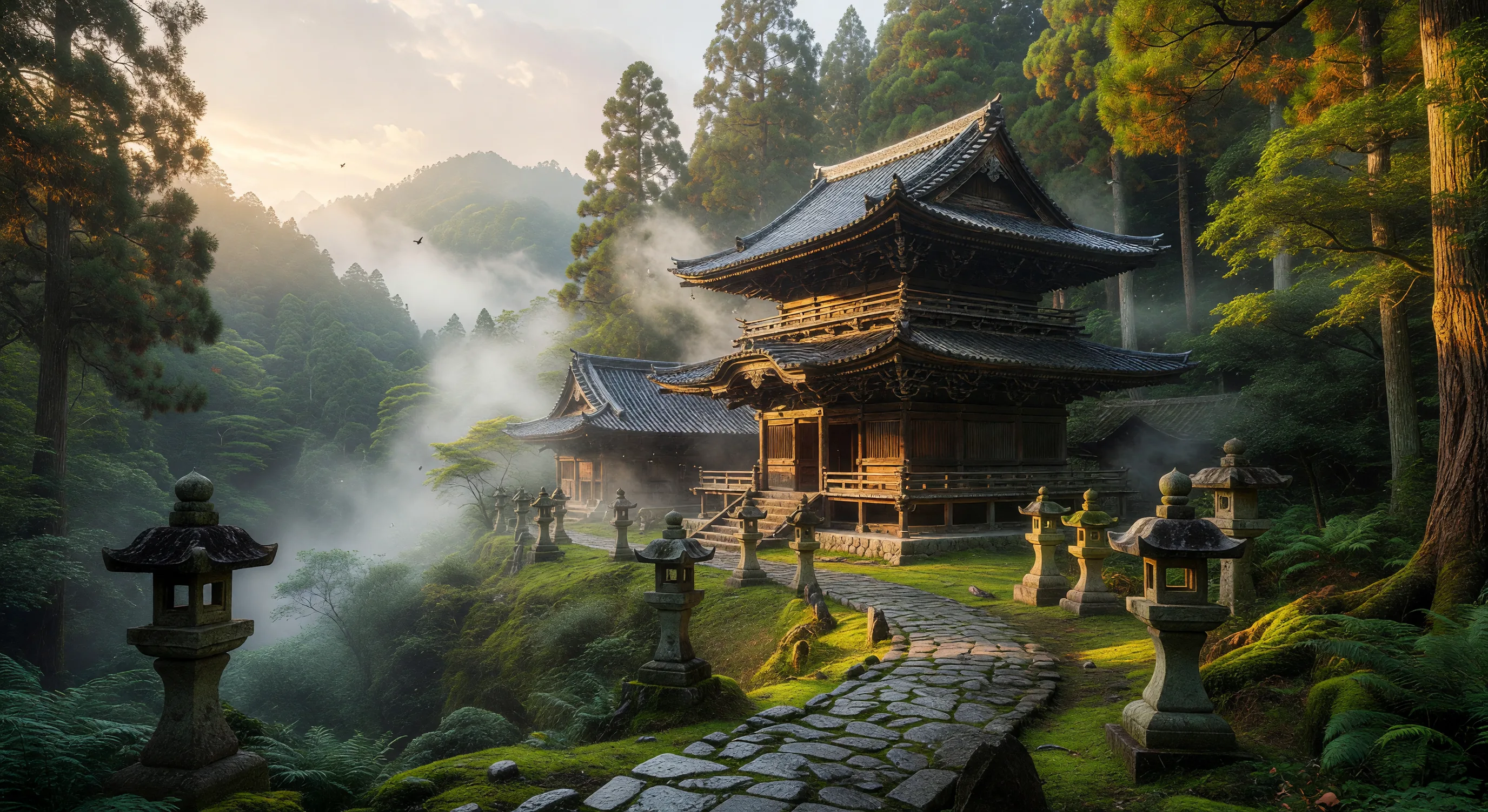 Misty mountain temple lodging in Shikoku, Japan